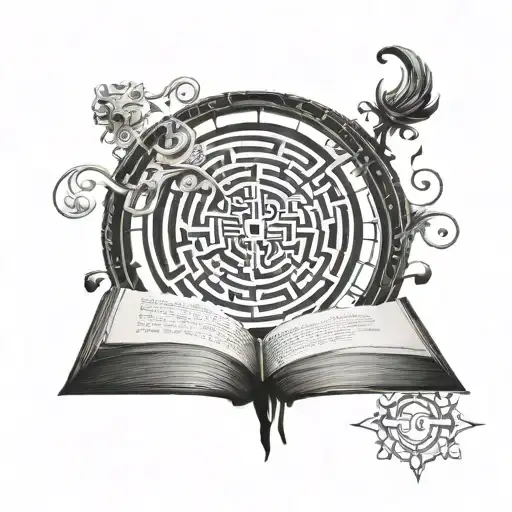 A tattoo design featuring a book with intricate labyrinth patterns intertwined within the pages, symbolizing the complexity of the mind and the endless possibilities of literature tattoo design idea