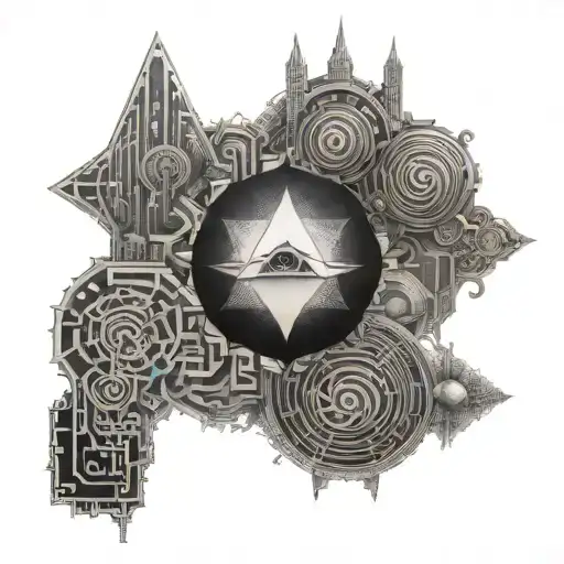 A surreal tattoo inspired by the works of Jorge Luis Borges, incorporating elements of his writing such as mirrors, labyrinths, and infinite libraries, symbolizing the exploration of the mind and the universe tattoo design idea