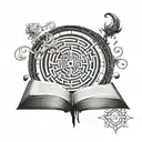A tattoo design featuring a book with intricate labyrinth patterns intertwined within the pages, symbolizing the complexity of the mind and the endless possibilities of literature tattoo design idea