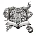 A tattoo design featuring a book with intricate labyrinth patterns intertwined within the pages, symbolizing the complexity of the mind and the endless possibilities of literature tattoo design idea