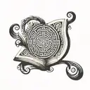 A tattoo design featuring a book with intricate labyrinth patterns intertwined within the pages, symbolizing the complexity of the mind and the endless possibilities of literature tattoo design idea