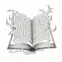 A tattoo design of a book with pages forming a labyrinth, symbolizing the endless journey of knowledge and self-discovery through literature tattoo design idea