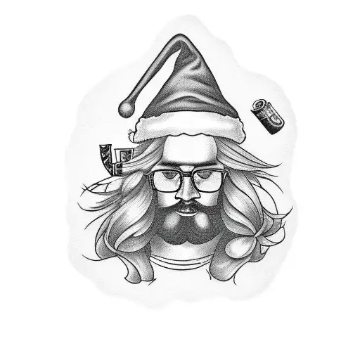 long haired hipster drinking alcohol with a Santa hat on tattoo design idea