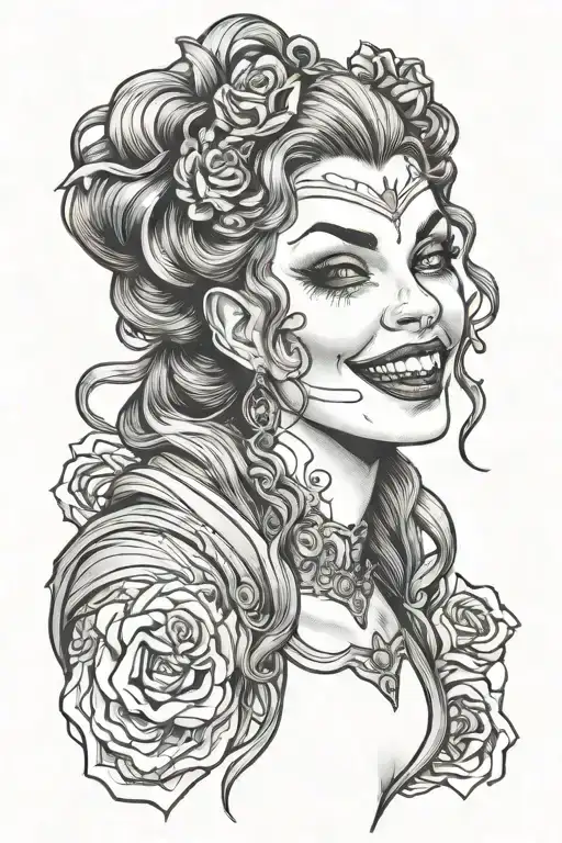 A portrait of a gothic female vampire smiling in a seductive way tattoo design idea