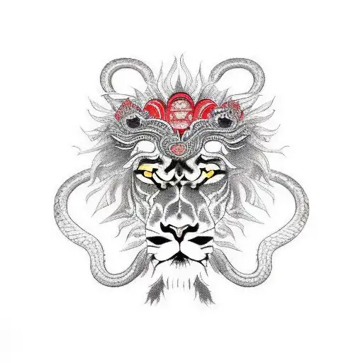 A majestic lion wearing a traditional Japanese samurai armor, with a snake wrapped around its sword tattoo design idea