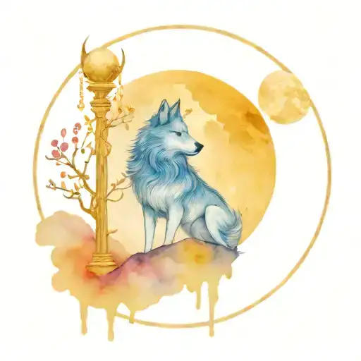 libra justice lady with lone wolf howling at the moon tattoo design idea
