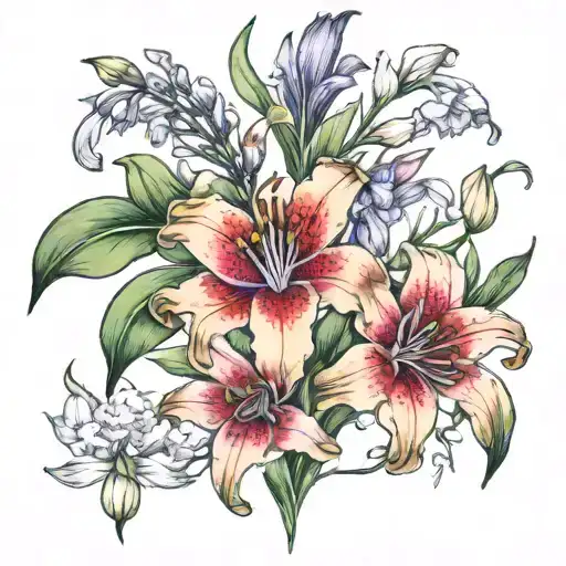 Peruvian Lily and flowers botanical tattoo design idea