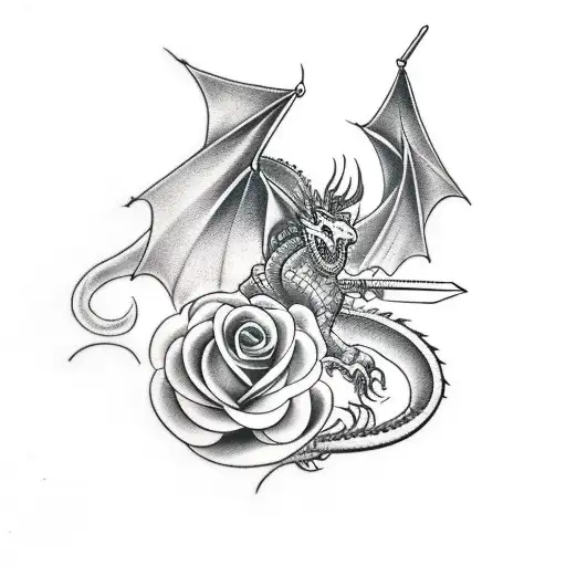 a sword on the back with a rose and a dragon that ends om the chest tattoo design idea