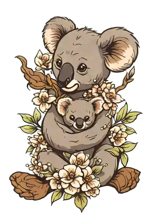 flowers and koala holding a baby koala hugging tattoo design idea