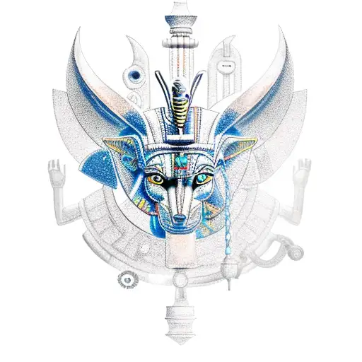 Anubis, the Egyptian god of the afterlife, with mechanical gears incorporated into his design tattoo design idea