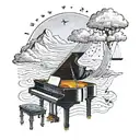 A majestic mountain landscape with stormy clouds and rain cascading down the arm, seamlessly transitioning into a grand piano with musical notes and chords being played, all surrounded by a dancing couple under the rain clouds with smiles on their faces. Embedded within the piano is the quote 'There is no beautiful sun without beautiful storms', followed by an imbalanced justice scale to symbolize a distaste for injustices, ending with the sun rising below the entire scene. tattoo design idea