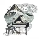 A majestic mountain landscape with stormy clouds and rain cascading down the arm, seamlessly transitioning into a grand piano with musical notes and chords being played, all surrounded by a dancing couple under the rain clouds with smiles on their faces. Embedded within the piano is the quote 'There is no beautiful sun without beautiful storms', followed by an imbalanced justice scale to symbolize a distaste for injustices, ending with the sun rising below the entire scene. tattoo design idea