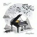 A majestic mountain landscape with stormy clouds and rain cascading down the arm, seamlessly transitioning into a grand piano with musical notes and chords being played, all surrounded by a dancing couple under the rain clouds with smiles on their faces. Embedded within the piano is the quote 'There is no beautiful sun without beautiful storms', followed by an imbalanced justice scale to symbolize a distaste for injustices, ending with the sun rising below the entire scene. tattoo design idea