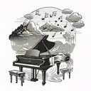 A majestic mountain landscape with stormy clouds and rain cascading down the arm, seamlessly transitioning into a grand piano with musical notes and chords being played, all surrounded by a dancing couple under the rain clouds with smiles on their faces. Embedded within the piano is the quote 'There is no beautiful sun without beautiful storms', followed by an imbalanced justice scale to symbolize a distaste for injustices, ending with the sun rising below the entire scene. tattoo design idea