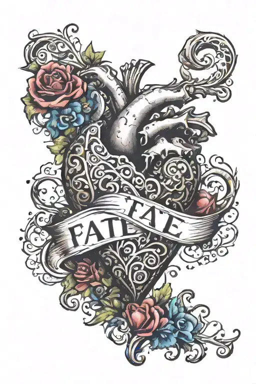 the word FATE in the shape of a heart tattoo design idea