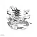 Samurai sleeping under cherry blossom tree overlooking a koi pond  tattoo design idea