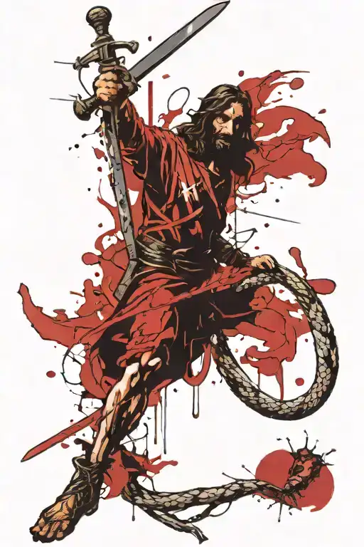 Jesus as a warrior slaying a snake with a sword that is in the form of a cross tattoo design idea
