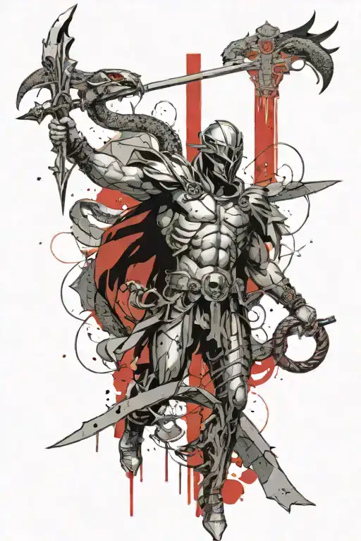 Archangel Micheal slaying a giant snake with a sword that looks like a cross tattoo design idea