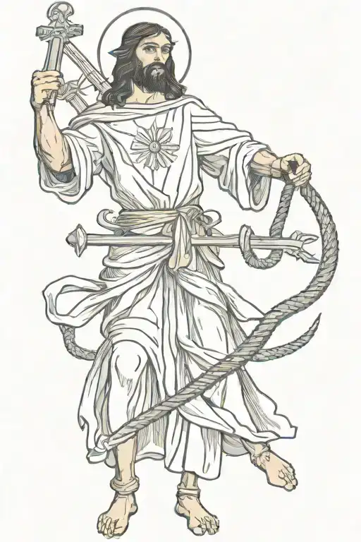 Jesus as a warrior slaying a snake with a sword that is in the form of a cross tattoo design idea