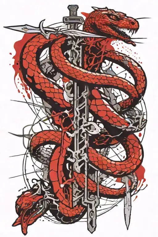 A giant snake being slain by archangel Micheal with a sword that looks like a cross tattoo design idea