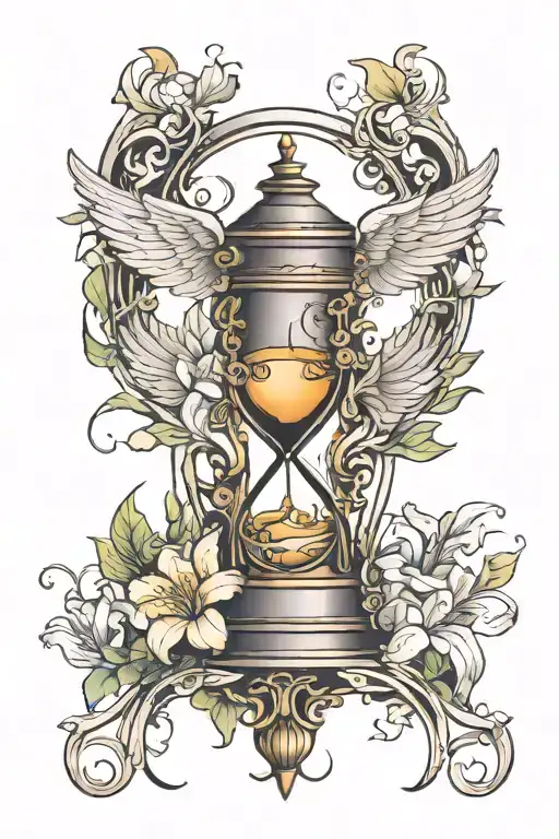 Tattoo with a bent hourglass with wings with lilies and vines on top and bottom for the middle of the back tattoo design idea