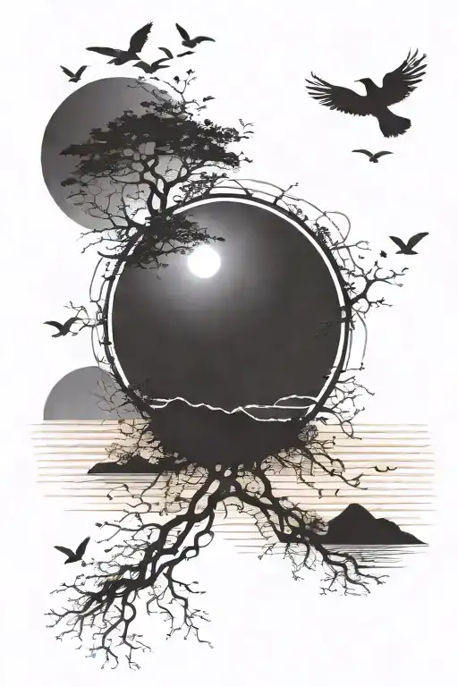 sunrise with birds and a bright sun tattoo design idea