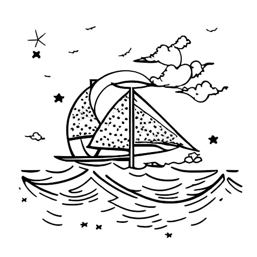 oak tree with stars above it a sail boat in front and a manta ray below tattoo design idea