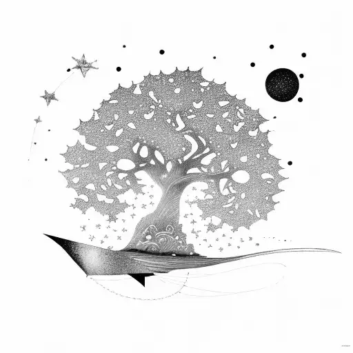 oak tree with stars, sail boat, manta ray tattoo design idea