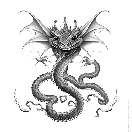Green snake shape dragon emerging from the water to the sky with a menacing face and strong body tattoo design idea