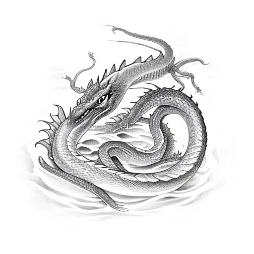 Green snake shape dragon emerging from the water to the sky with a menacing face and strong body tattoo design idea