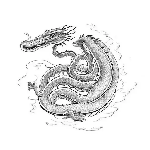 Green snake shape dragon emerging from the water to the sky with a menacing face and strong body tattoo design idea