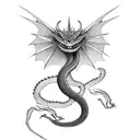 Green snake shape dragon emerging from the water to the sky with a menacing face and strong body tattoo design idea