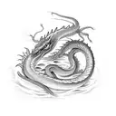 Green snake shape dragon emerging from the water to the sky with a menacing face and strong body tattoo design idea