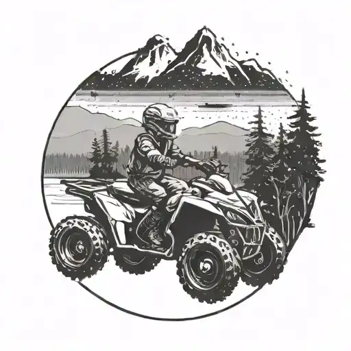 A quad bike riding through a dense forest with a scenic lake and mountains in the distance tattoo design idea