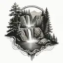 A series of waterfalls flowing into a tranquil lake surrounded by a forest, with a hidden hiking trail winding through the trees tattoo design idea