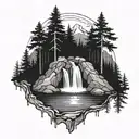 A series of waterfalls flowing into a tranquil lake surrounded by a forest, with a hidden hiking trail winding through the trees tattoo design idea