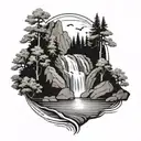 A series of waterfalls flowing into a tranquil lake surrounded by a forest, with a hidden hiking trail winding through the trees tattoo design idea