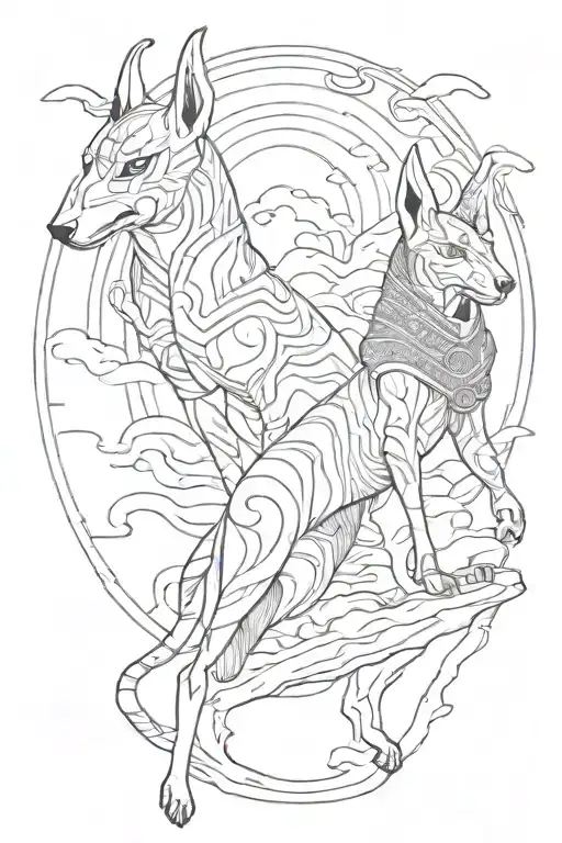 Anubis and Bastet terrifying surrounded by amazigh design with akatsuki clouds flowing arround the scene tattoo design idea