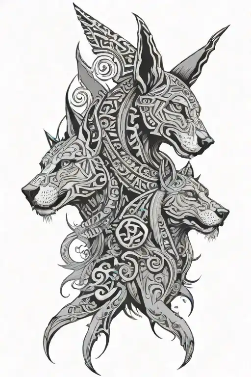 Anubis and Bastet terrifying surrounded by amazigh design with akatsuki clouds flowing arround the scene tattoo design idea