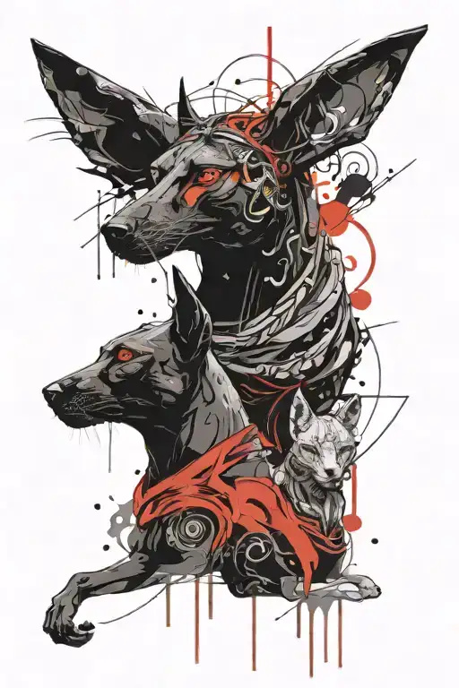 Anubis and bastet terrifying surounded by amazigh design with akatsuki clouds flowing around the scene tattoo design idea