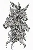 Anubis and Bastet terrifying surrounded by amazigh design with akatsuki clouds flowing arround the scene tattoo design idea