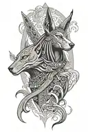 Anubis and Bastet terrifying surrounded by amazigh design with akatsuki clouds flowing arround the scene tattoo design idea