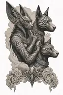 Anubis and bastet terrifying surounded by amazigh design with akatsuki clouds flowing around the scene tattoo design idea