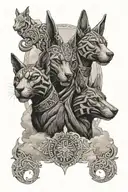 Anubis and bastet terrifying surounded by amazigh design with akatsuki clouds flowing around the scene tattoo design idea