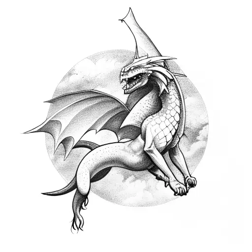 A seductive nude Valkyrie riding a majestic dragon through a stormy sky tattoo design idea
