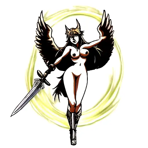 sexy nude valkyrie with sword with dragon tattoo design idea