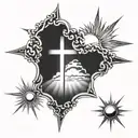 triple cross clouds sun rays shining tattoo design idea