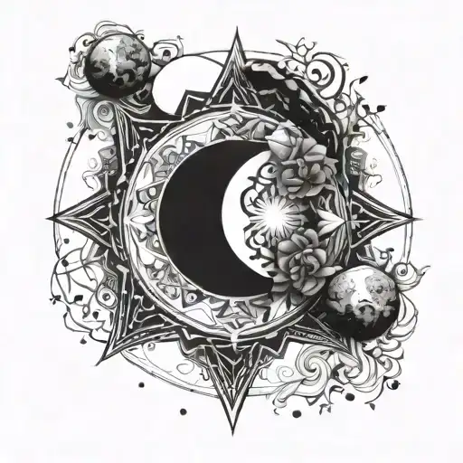 A mandala design incorporating elements of the universe and moon, with a dark and mysterious twist tattoo design idea