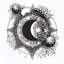 A mandala design incorporating elements of the universe and moon, with a dark and mysterious twist tattoo design idea