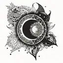 A mandala design incorporating elements of the universe and moon, with a dark and mysterious twist tattoo design idea